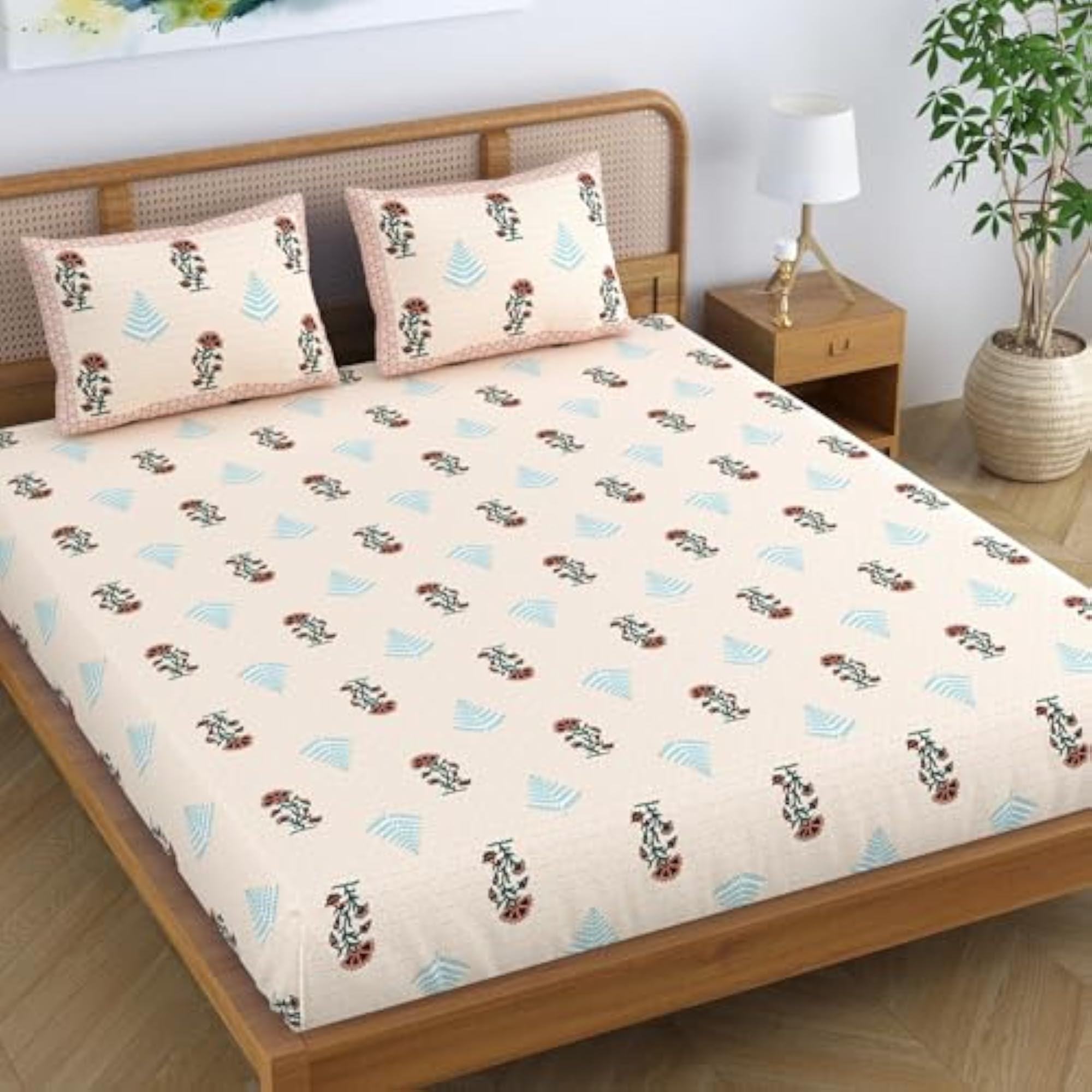 Ethnic Cotton Blend King Size Double Bedsheet with 2 Pillow Covers