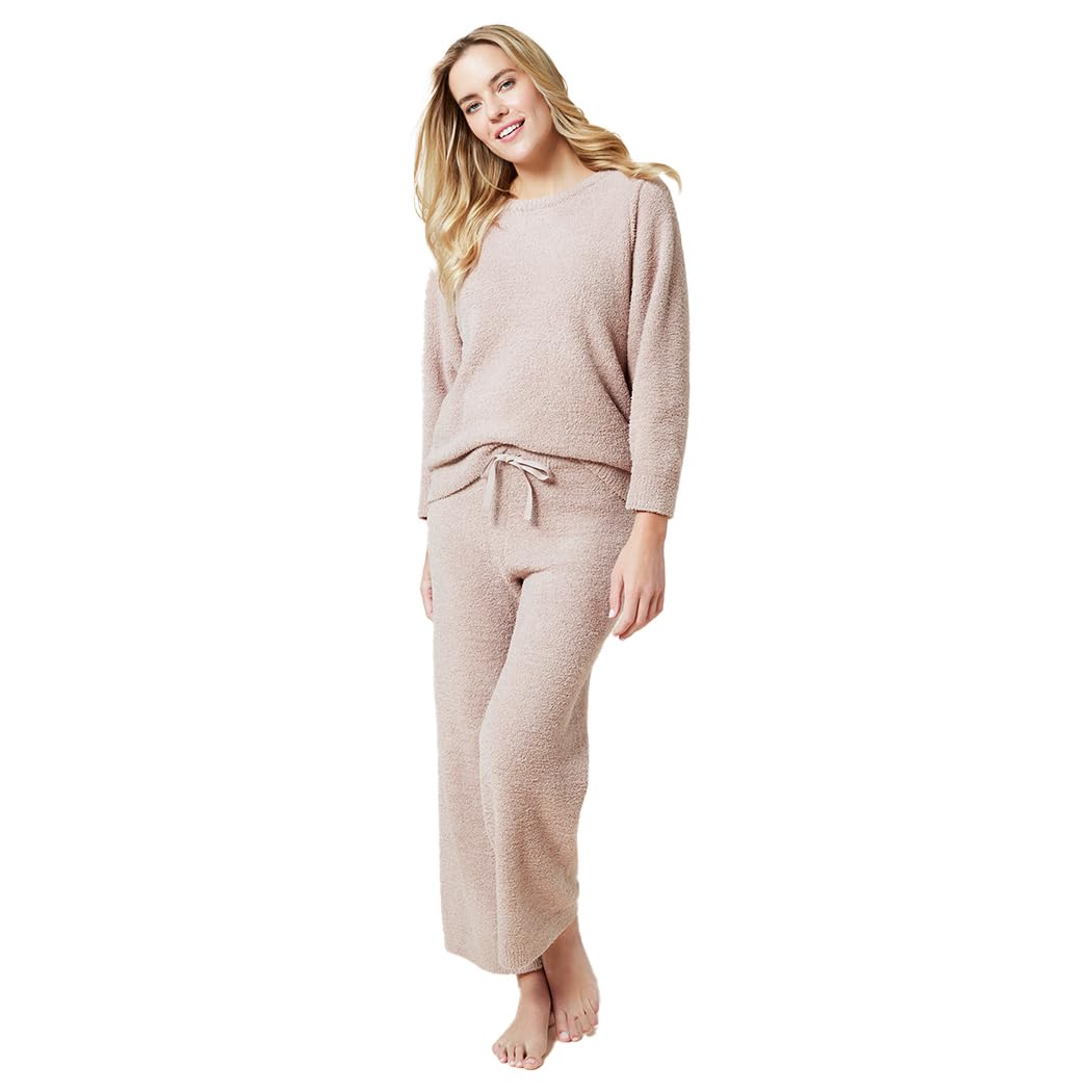 Softies Solid Marshmallow Reverse Seam Crew Neck Lounge Set for Women 2 Piece Loungewear with Bracelet Sleeves Made