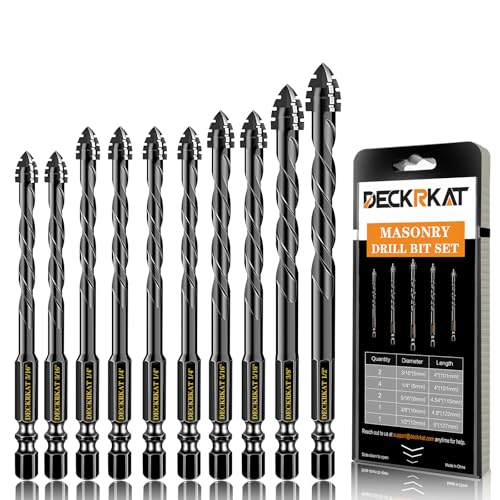 DECKRKAT Upgraded Black 4-Flute Serrated Masonry Drill Bit Set – 10-Piece Set (3/16″ to 1/2″) for Concrete, Tile, Glass, Brick, Ceramic, Plastic