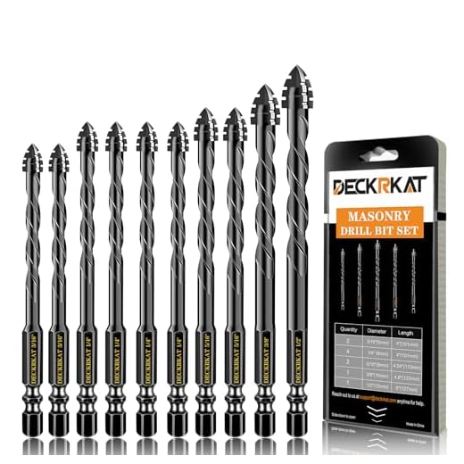 DECKRKAT Upgraded Black 4-Flute Serrated Masonry Drill Bit Set - 10-Piece Set (3/16" to 1/2") for Concrete, Tile, Glass, Brick, Ceramic, Plastic