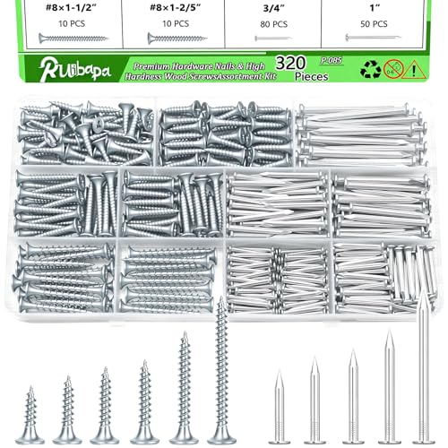 320Pcs Premium Hardware Nails &Amp; High Hardness Wood Screws Assortment Kit, 11 Sizes (1/2'-2'),Phillips Drive Flat Head, Wood Screws, Galvanized, Picture Hanging, Wood, Common Nails With Storage Box