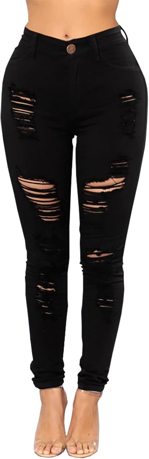 Womens Skinny Ripped Jeans High Waisted Stretch Jeans Destroyed Distressed Denim Pants