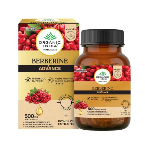 Organic India Berberine Advance Capsules, 60 Veg Capsules, 500 mg per Capsule, With Organic Cinnamon & Black Pepper Extract, Metabolic Support & Blood Glucose Balance