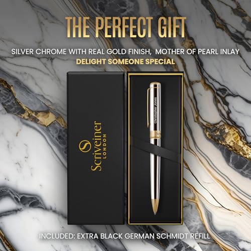 Image of Scriveiner Personalized Silver Chrome Ballpoint Pen - Stunning Luxury Pen, Real Gold Plating, Schmidt Ink Refill, Best Engraved Ball Point Gift Set for Men & Women, Custom Name Engraving