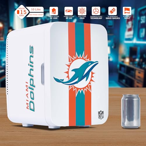 Image of Ukonic NFL Miami Dolphins 15-Can Mini Fridge 10L - AC /DC Powered, Official Team Colors & Logo, Portable Cooler for Tailgates, Home, Office, or Car