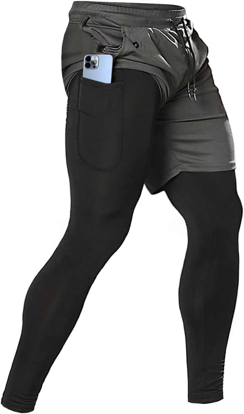 Aolesy Men's 2 in 1 Running Pants, Gym Workout Compression Pants for Men Training Athletic