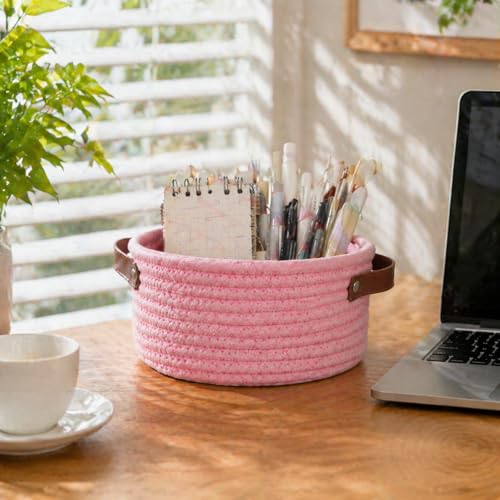 Image of Small Woven Basket, Cute Mini Cotton Rope Storage Basket with leather handle, Tiny Decorative Round Storage Bin, Boho Empty Gift Baskets for Organizing, Toy Organizer for Nursery (Pink)