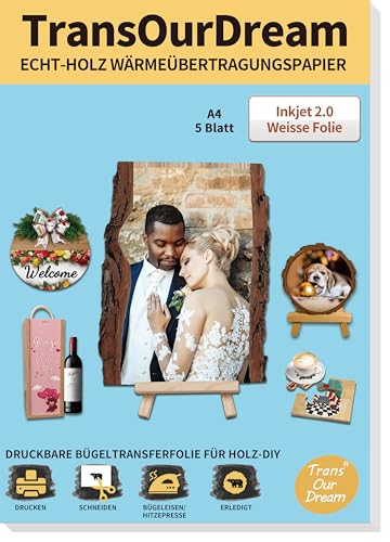TransOurDream Tru-Wood - Papel de transferencia térmica para impresora de inyección de tinta (5 hojas, A4), papel de transferencia imprimible para madera, lámina blanca (Inkjet 2.0)