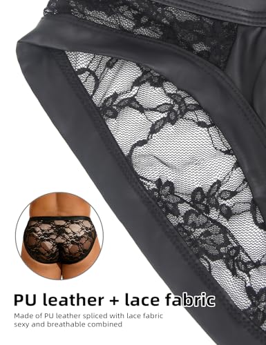 ohmydear Herren Leder String Tanga Männer PU-Leder Unterhosen Sexy Spitze Unterwäsche in Große Größen Transparent Men Brief Kunstleder Tanga Dessous Schwarz L