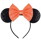 Seamoy Sequin Minnie Ears Headband, Mickey Ears, Park ears Princess, Sparkle Rose Gold Classic Red Mouse Ears Headband for Women Girls (Orange Bow and Black)