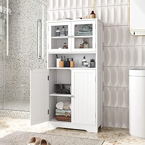 Irontar Bathroom Cabinet, Bathroom Floor Cabinet with Open Shelf, Large Display Cabinet with Doors, Kitchen Cupboard, Storage Cabinet for Living Room, 23.6 x 11.8 x 50.4 Inches White CWG006W Cover