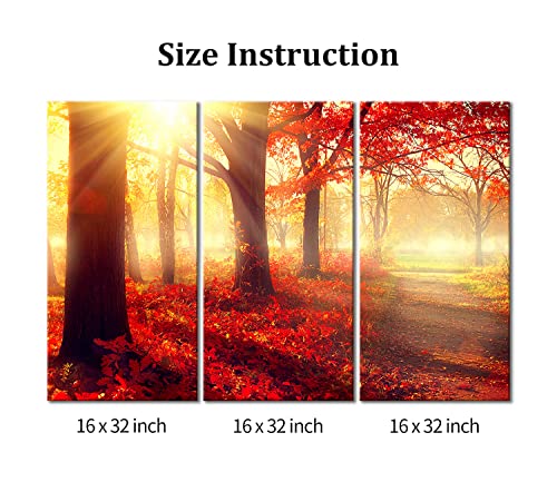 Red Tree Wall Art Decor The Sun Shines Into The Forest And Maple Leaves Canvas Pictures Artwork Autumn Fall Landscape 3 Panel Painting Prints For Home Living Dining Room #TOP6