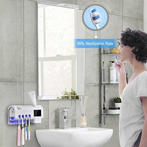 TANGXIA UV Toothbrush Sterilizer Holder, Solar Powered Rechargeable Toothbrush Sanitizer, Wall Mounted Toothbrush Organizer with Timing Function for Washroom Bathroom -10 Seconds Disinfection
