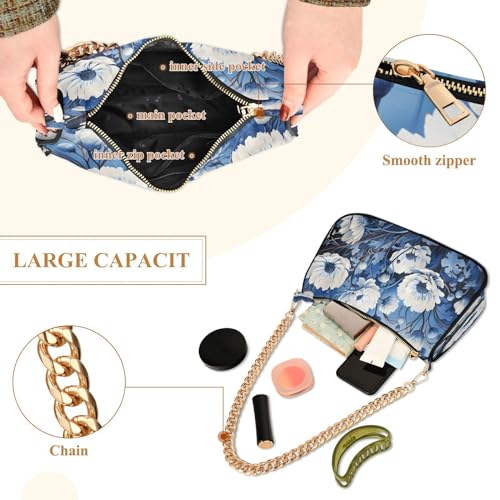 Shoulder Bags for Women Blue Flowers Hobo Tote Handbag Small Clutch Purse with Zipper Closure4