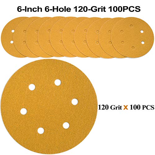 Aiyard 6-Inch 6-Hole Hook And Loop Sanding Discs 120-Grit, Random Orbital Sandpaper For Automotive And Woodworking, 100-Pack #TOP1