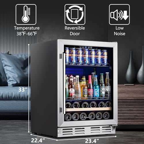 Image of Beverage Fridge 24 Inch Beverage and Wine Cooler Built-in or Freestanding - 120 Cans & 16 Bottles Capacity Wine Refrigerator Cooler
