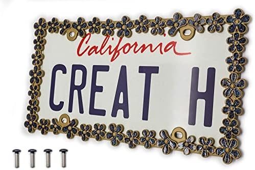 Creathome 3D Shining Daisy Wrenth License Plate Frame from Pure Zinc Alloy Metal Perfect Plate Holder,Matt Gold with Black Glitter