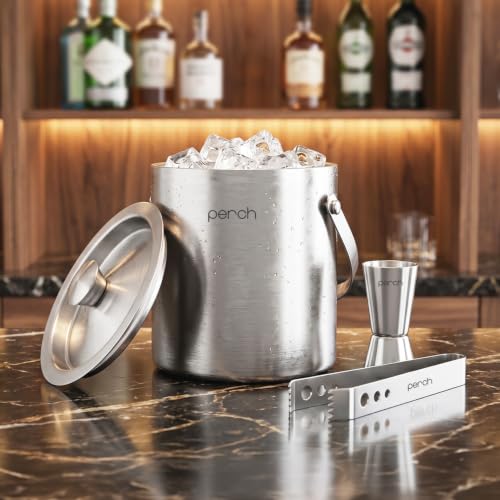 Image of O' Holic by Perch Ice Bucket Trio Stainless Steel - Double Wall Ice Bucket 1.5 Litre with Lid, Ice Tongs & 30 /60 ml Jigger | Insulated Cocktail Barware for Home, Parties & Gifting