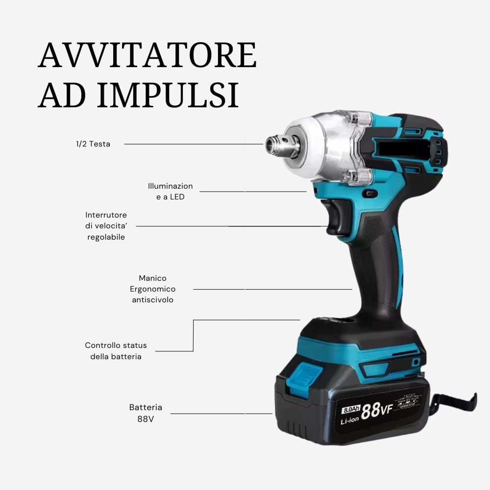 A.M.C. Kit Completo Professionale Fai da Te 2 in 1 con Trapano Avvitatore ad Impulsi Svita Bulloni a Batteria, Smerigliatrice Angolare a Batteria 88v
