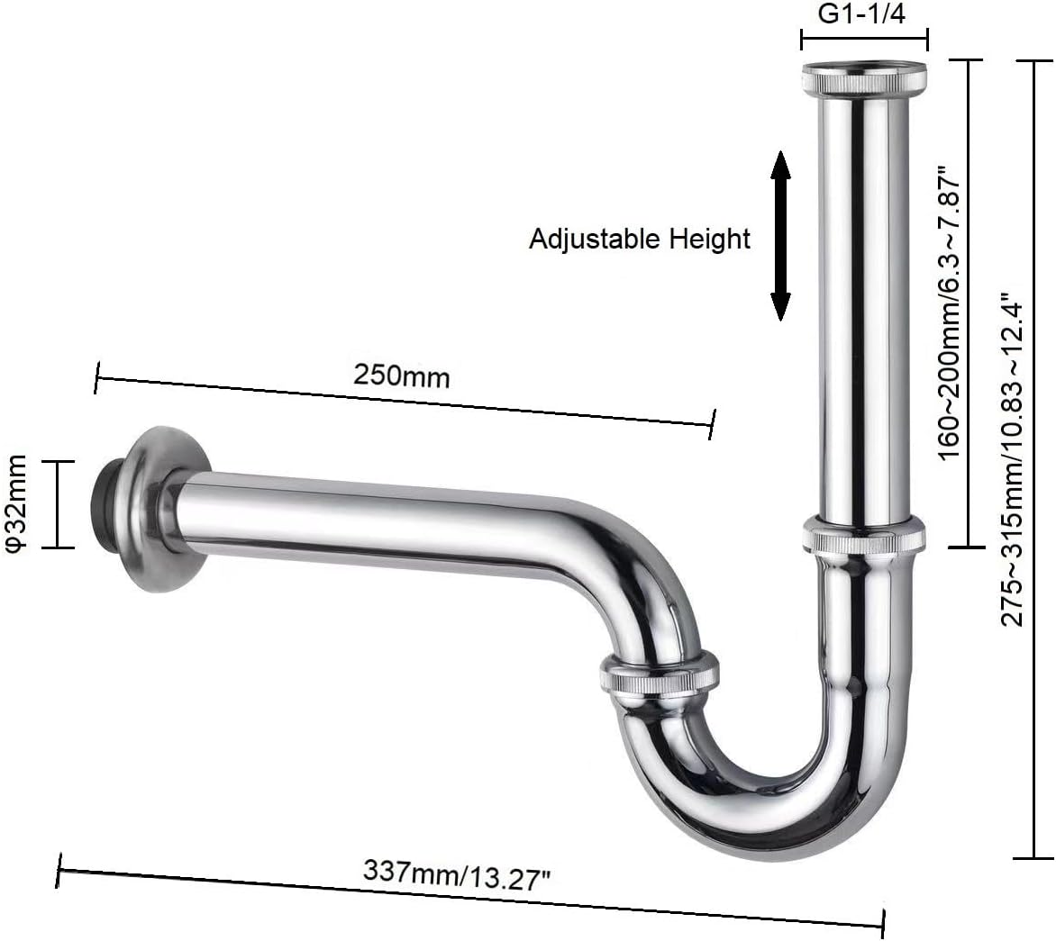 Chrome Brass Adjustable Height Bathroom Sink P-Trap Kit