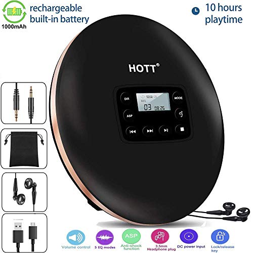 HONGYU Rechargeable Portable CD Player,Personal Disc Player with LCD Display, Compact Anti-Shock Anti-Scratch