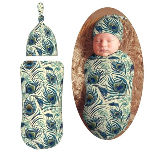 Image of Peacock Feather Newborn Swaddle Blankets Hat Sets Soft Baby Receiving Blanket Swaddle Sack for Baby Shower Infant Boy Girl Gift