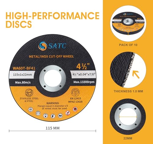 SATC 115mm Cutting Discs 10-Piece Durable Angle Grinder Discs Ultra Thin 1mm for Fast & Precise Cutting of Steel, Iron, Aluminum, & Ferrous Metals
