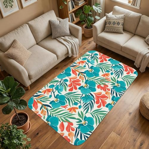 Tapis orchidée et feuille tropicale 90x150 cm turquoise éponge