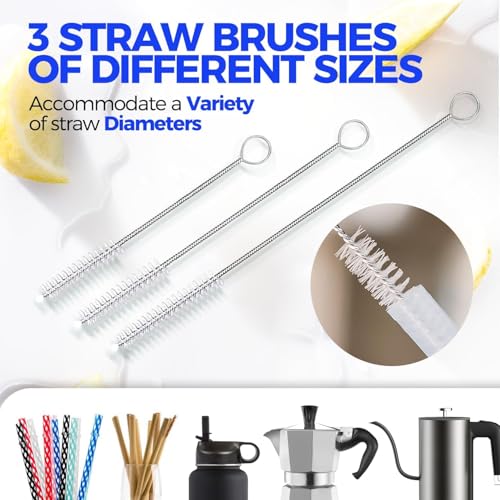 Image of Holikme 5 Pack Bottle Brush Cleaner Set, 14 inch Long Handle Stainless Steel Bottle Cleaner Brush, 3 Straw Brushes, Bottle Cleaning Brush for Water Bottle, Cups, Baby Bottle, Straws Blue