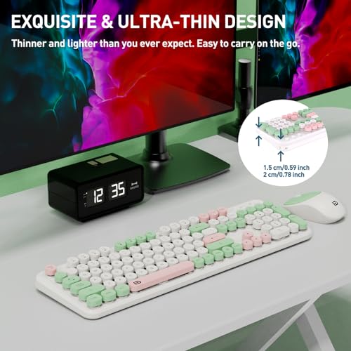 Image of Cute Wireless Keyboard and Mouse Combo,Round Keycaps,for Long Nails,Green | Aesthetic Bubble Keys,Retro Typewriter Style,Clicky Sound,2.4GHz USB Receiver,Full-Size with Number Pad for PC Laptop Desktop