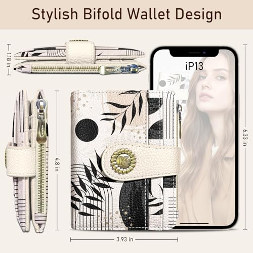 Image of Kelvoris Boho Abstract Art Aesthetic Small Rfid Women Wallet Bifold Zipper Coin Pocket PU Leather Compact Cash Travel Credit Card Holder for Female Ladies Teen Girls 1 ID Window 10 Card Slots
