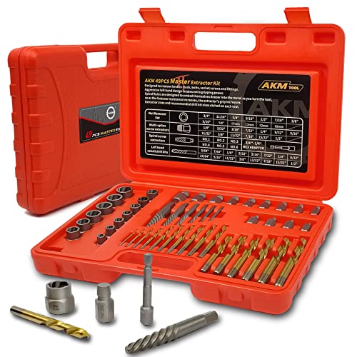 AKM 49-Piece Bolt Extractor Screw Extractor Set, with Bolt Extractor Set Drill Bit Set Multi-spline Screw Extractor Set Nut Remover and 1-Piece Extension, Solid Carrying Case, Master Kit