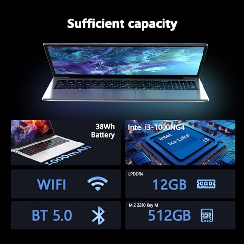 Image of Laptop Gaming,with Backlit Keyboard-Core Laptop i3 (2C /4T, Up to 3.2GHz), 12GB DDR4 RAM+512GB NVMe SSD, 15.6 inch FHD IPS 180 Viewing Angle, WiFi&Bluetooth-Aluminum Portable Laptop Computer-Metallic Grey