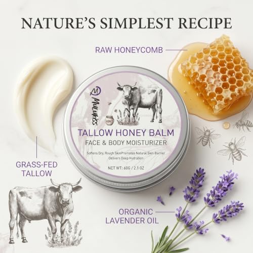 Image of Beef Tallow for Skin - 2Pcs Beef Tallow for Face Cream, Grass-Fed Tallow and Raw Honey Balm with Lavender Essential Oil, Whipped Natural Tallow Face Moisturizer Makeup Cleansing Milk for Dry Home&Away