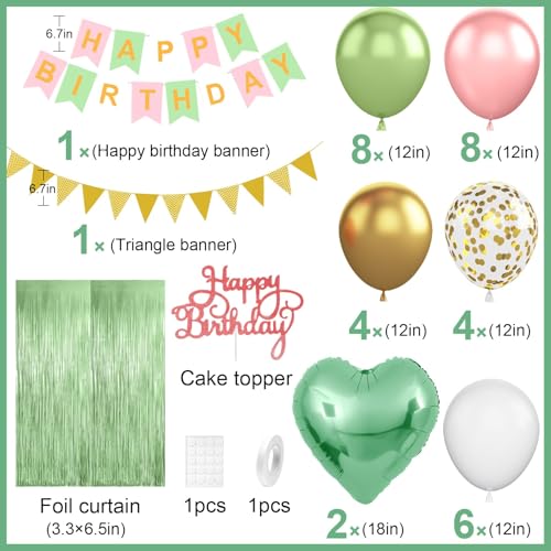 Image of Sage Green Pink Birthday Decorations,Olive Green Pink Birthday Balloons Set
