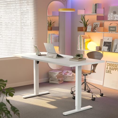 HUANUO-63-x-28-inch-Electric-Standing-Desk-Adjustable-Height-4-Memory-Height-Settings-Sit-Stand-Up-Desk-for-Home-Office-Computer-Workstation-White HUANUO 63 x 28 inch Electric Standing Desk Adjustable Height, 4 Memory Height Settings, Sit Stand Up Desk for Home Office & Computer Workstation, White - Image 1