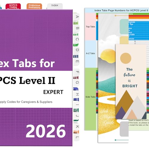 Upgraded Index Tabs for HCPCS Level II Expert 2026 Edition (AAPC), 96 Book Tabs, Color-Coded with Alignment Card & Page Numbers Sheet & Bookmark, Laminated Durable, Book Not Included