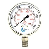 CARBO Instruments 2 1-2'' Pressure Gauge, Stainless Steel Case, Chrome Plated Brass Connection, Lqiuid Filled, 10000 psi Lower Mount 1/4'' NPT (Tamaño: 2- 1/2'')