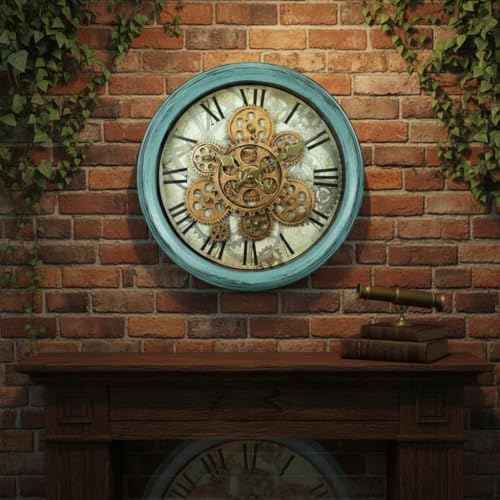 Image of STAR WORK Vintage Gear Wall Clock Industrial Rustic Farmhouse Classic Style Mechanical Charm Perfect for Living Room Bedroom Office or Entryway Decor (Blue -14 INCH)