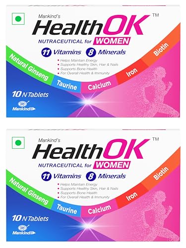 Image of Mankind HealthOK Women Multivitamin 10 Tablets - Strawberry Flavour, Pure Vegetarian, 19+ Essential Vitamins & Minerals with Biotin & Ginseng | Hair Skin Nails, Energy & Bone Health Support x Pack of 2