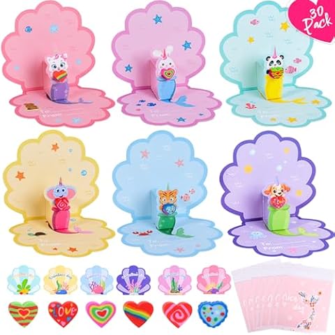 Gocasmus Valentines Day Gifts for Kids - 30 Pack Valentines 3D Foldable Seashell Greeting Cards with Heart Erasers for School Classroom Prizes, Party Favors, and Gift Exchanges for Boys, Girls Cover