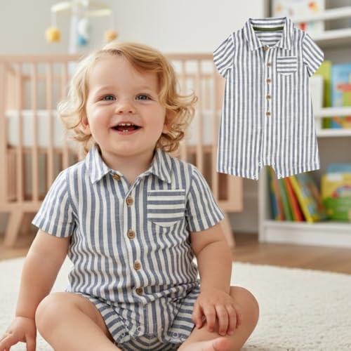 Image of A.T.U.N. (ALL THINGS UBER NICE) Baby Boys 100% Cotton Polo Romper | Soft Striped Fabric with Button Front Style & Collared Design | Comfortable One-Piece Kids Outfit