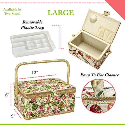 image for Sewing Basket with Rose Floral Print Design- Sewing Kit Storage Box wi