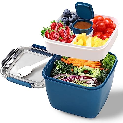 Double Layer Lunch Box, 1.5L Bento Box with Divided Compartments Lunch Box Adult/Children, Leak-Proof Large Capacity Salad Box with Cutlery and Salad Dressings Container for School, Office, Picnic