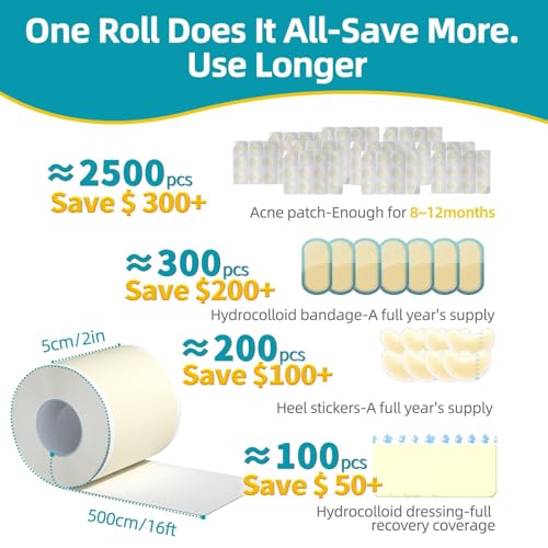 Image of Dimora Medical Grade Hydrocolloid Bandage Roll (2in*16ft), Highly Absorbent Hydrocolloid Dressings for Wound Care, Burn, Blister, Pimple Patches for Acne Care, Waterproof & Cut to Size