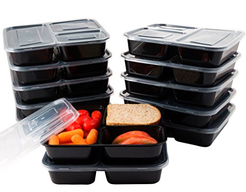 HomEquip (12 Pk) 3 Compartment Bento Lunch Boxes with Lids- Reusable/Disposable Portion Control Food Saver Containers-Meal Prep for Freezer Storage- BPA Free