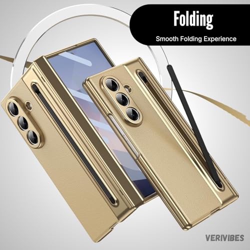 Image of Ultra Hybrid Luxury Leather Compatible with Samsung Galaxy Z Fold 6 (2025)| Built-in S Pen Holder| 360 Hinge Protection | Slim Shockproof Back Cover with Tempered Glass - Golden