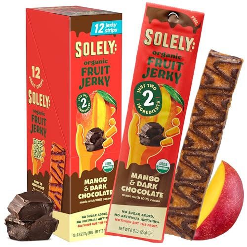 Image of SOLELY - Organic Mango Chocolate Drizzled Fruit Jerky - 12 Individually Wrapped Strips - Fruit Leather Made from Dried Fruit - Healthy Snacks for Adults & Kids - Vegan - 0.8oz (23g)