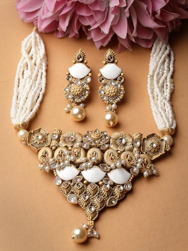 Image of Adiva Stylish Traditional Gold-Plated Kundan Stone Pearls & Beads Meenakari Handcrafted Necklace with Earrings Jewellery Set for Women & Girls