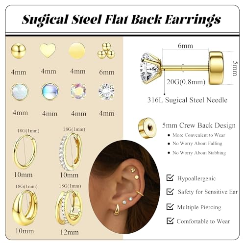 Hypoallergenic Flat Back Earrings for Women Surgical Steel Earrings for Sensitive Ears 20G Stainless Steel Earring Stacks Small Flatback Stud Hoop Cartilage Earring Set for Multiple Piercing Jewelry4
